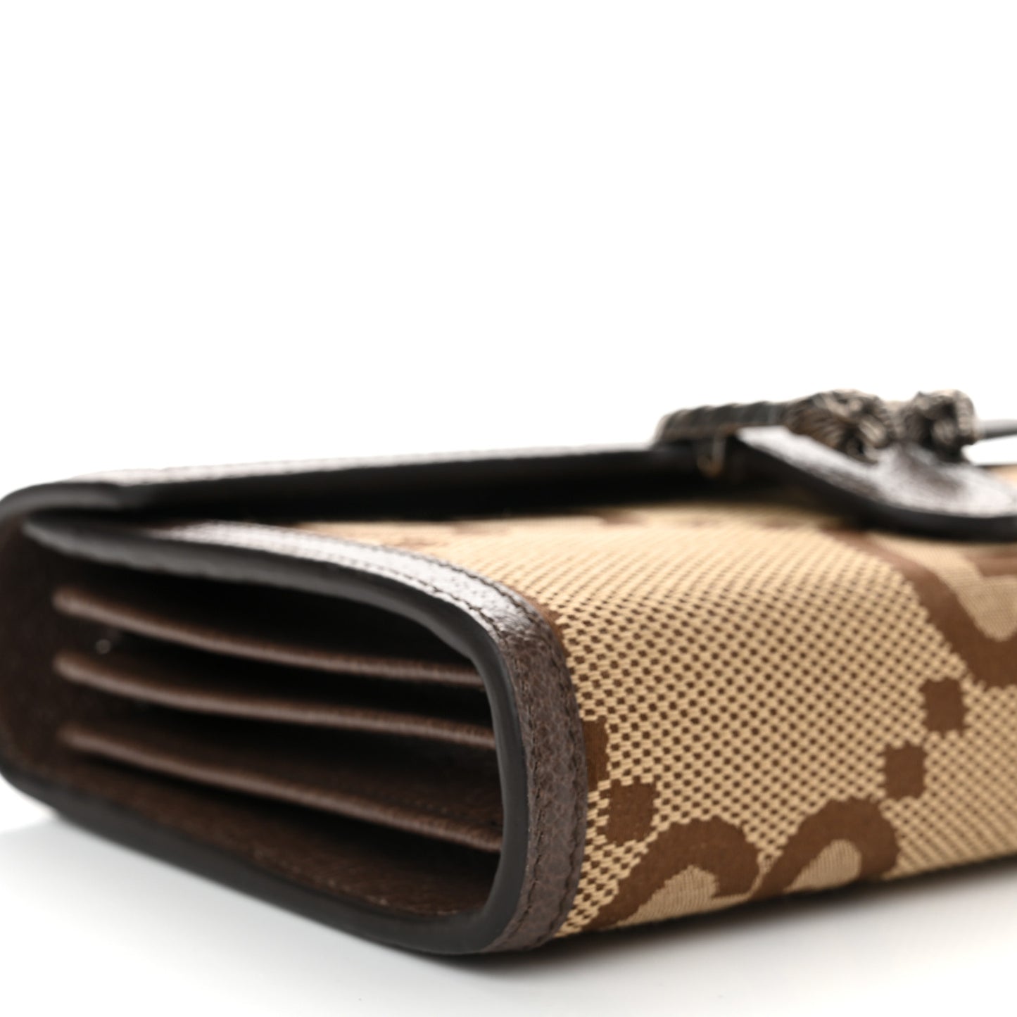Monogram Jumbo GG Textured Dollar Calfskin Mini Dionysus Chain Wallet Camel Ebony New Acero