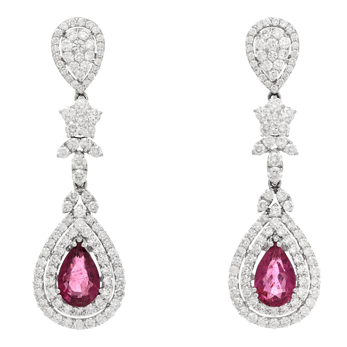 14K White Gold Diamond 4.40ctw Rubellite Pear Cut Drop Earrings
