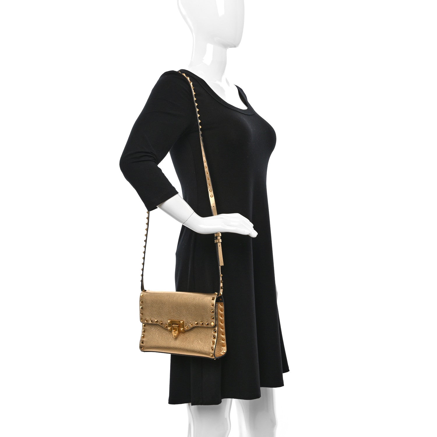 Valentino Garavani Metallic Pebbled Calfskin Medium Rockstud Flip Lock Crossbody Bag Antique Brass 2 of 8