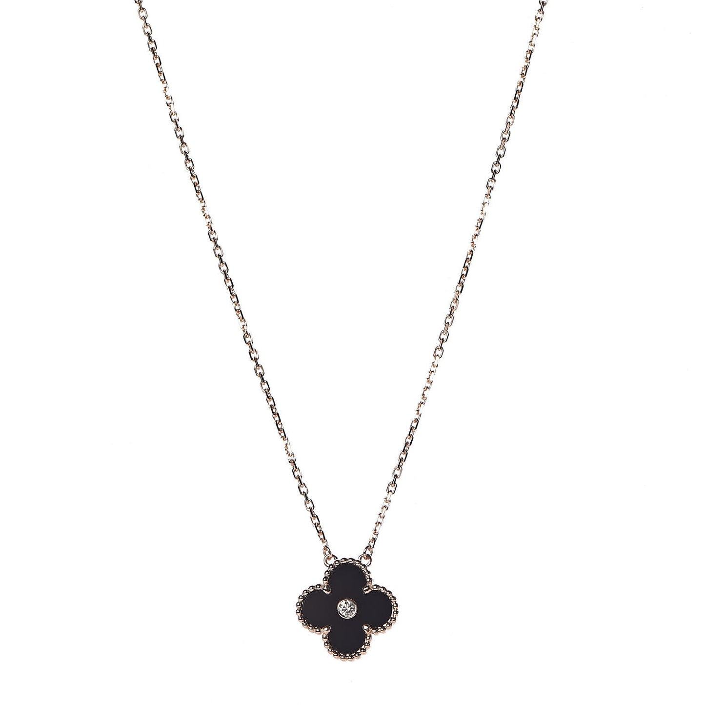 18K Rose Gold Diamond Black Onyx Vintage Alhambra Pendant Necklace