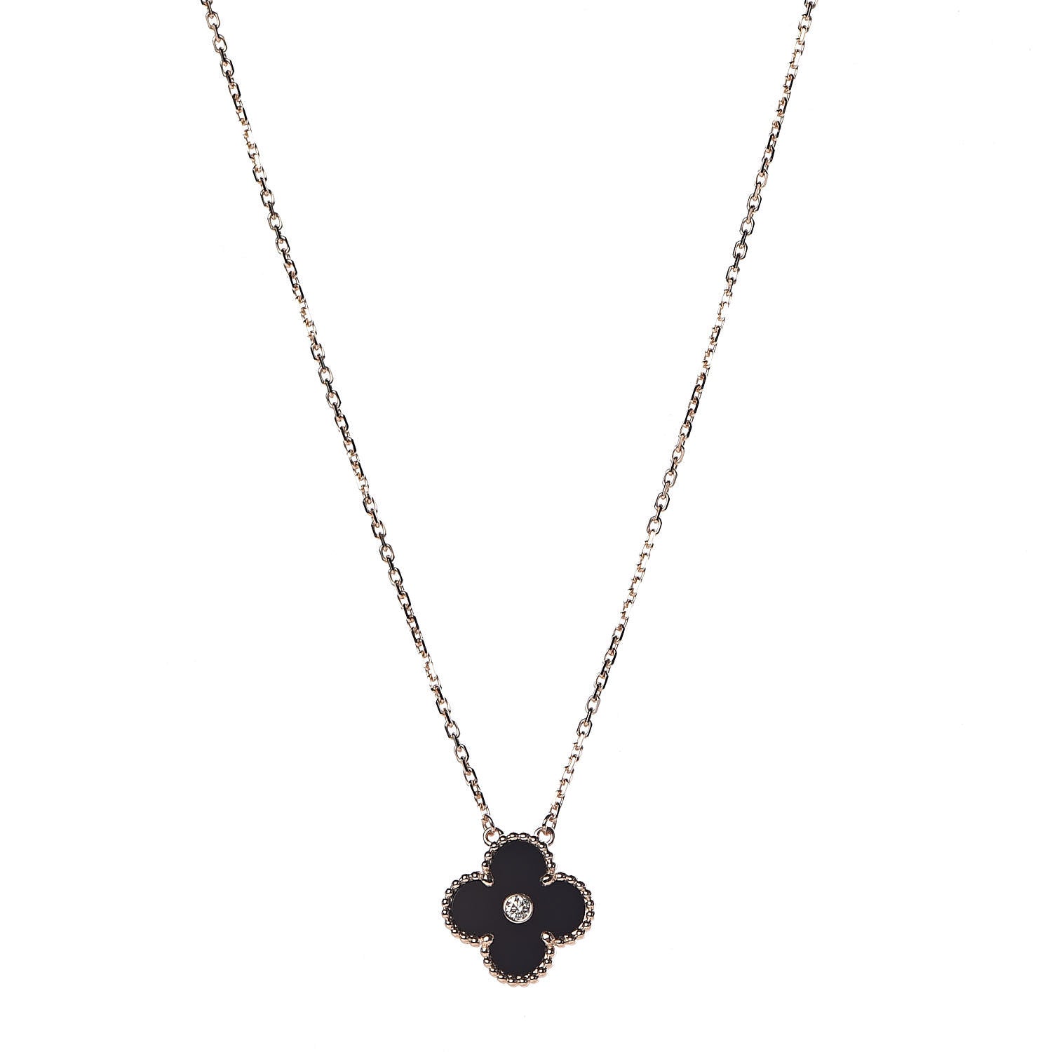Van Cleef & Arpels 18K Rose Gold Diamond Black Onyx Vintage Alhambra Pendant Necklace 1 of 8
