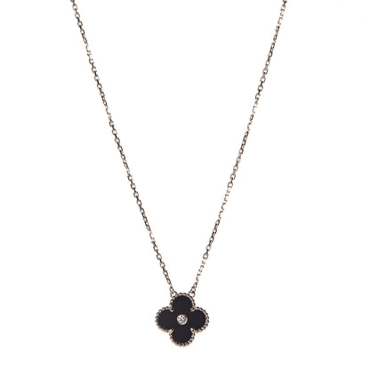 Van Cleef & Arpels 18K Rose Gold Diamond Black Onyx Vintage Alhambra Pendant Necklace 1 of 8