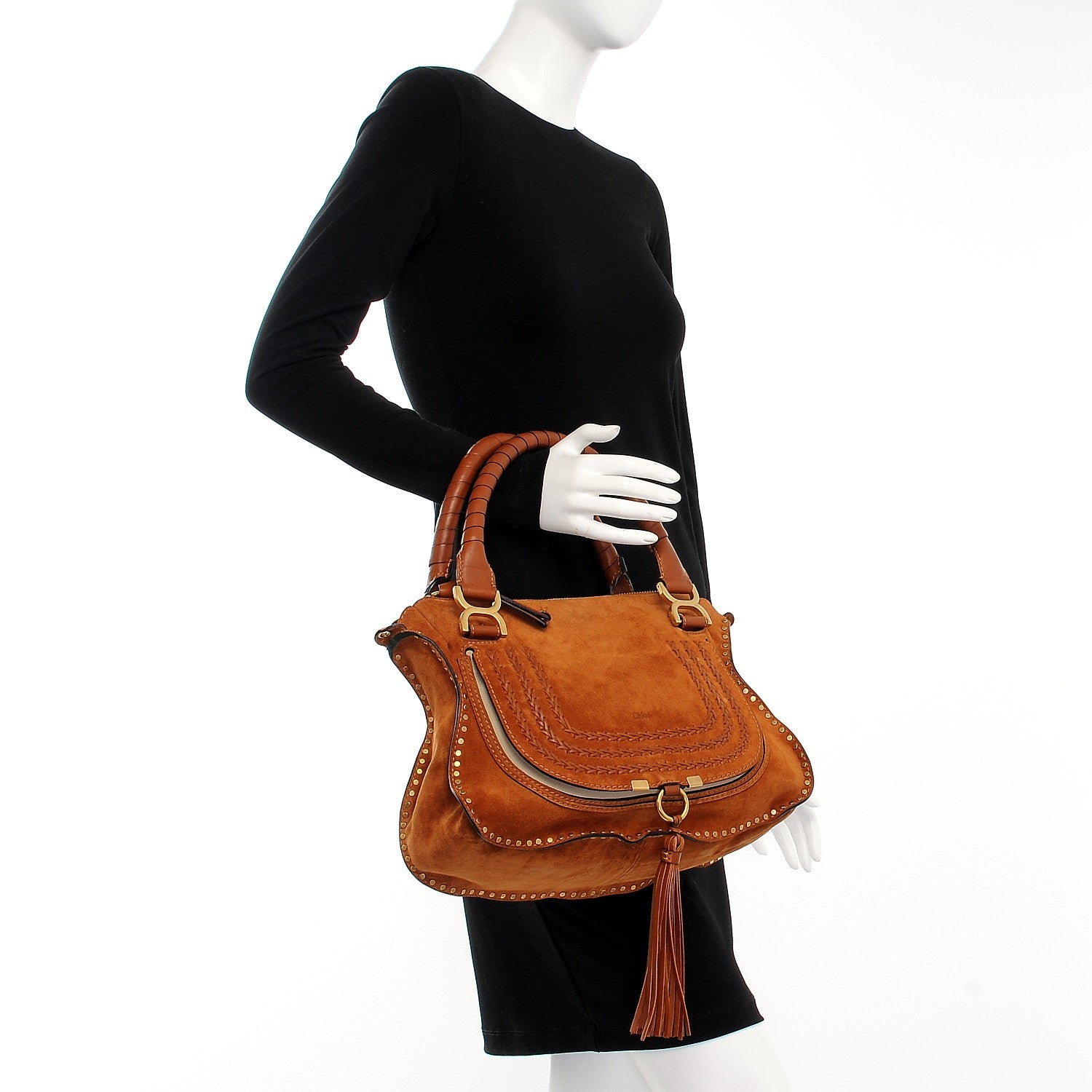 Chloe Suede Calfskin Braided Medium Marcie Satchel Caramel 3 of 12
