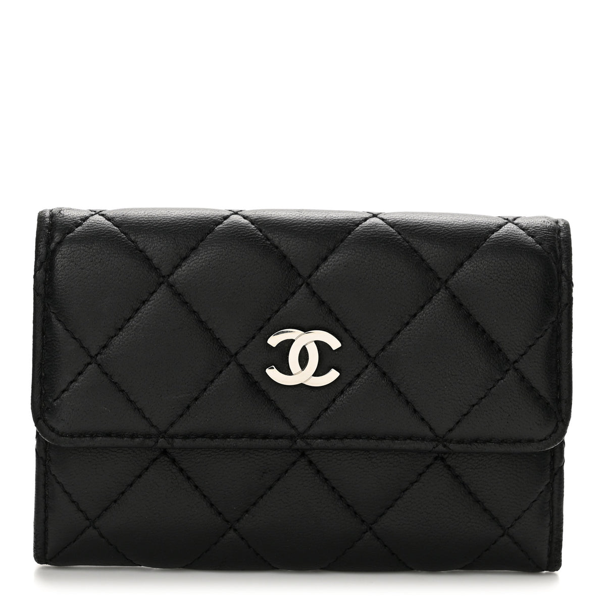 Lambskin Quilted Flap Card Holder Black