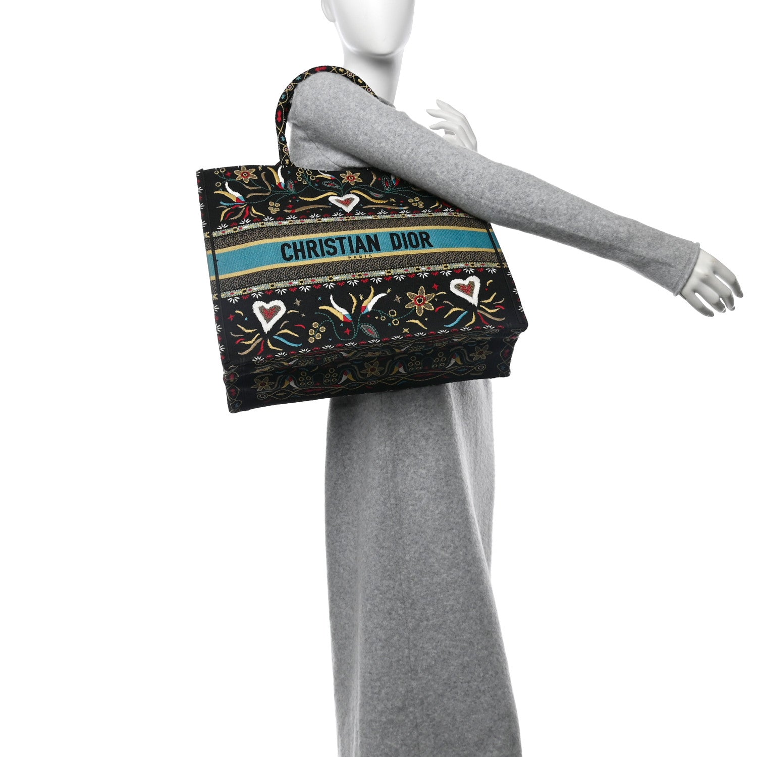 Christian Dior Canvas Embroidered Large Flowers Heart Book Tote Black Multicolor 2 of 10