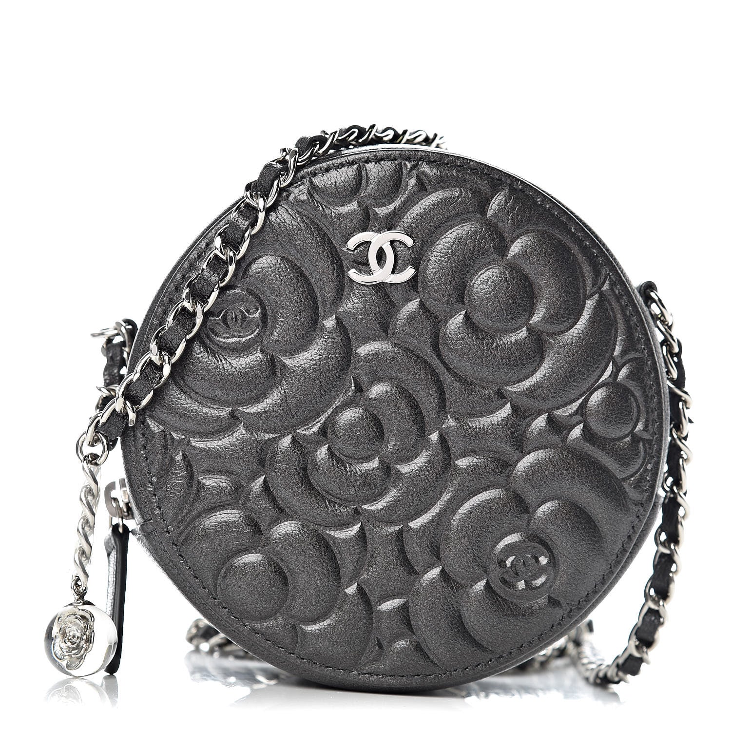 Chanel Goatskin Camellia Quilted Round Clutch With Chain Grey 1 of 10