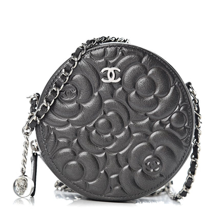 Chanel Goatskin Camellia Quilted Round Clutch With Chain Grey 1 of 10