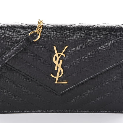 Saint Laurent Grain De Poudre Matelasse Chevron Monogram Envelope Chain Wallet Black 7 of 10