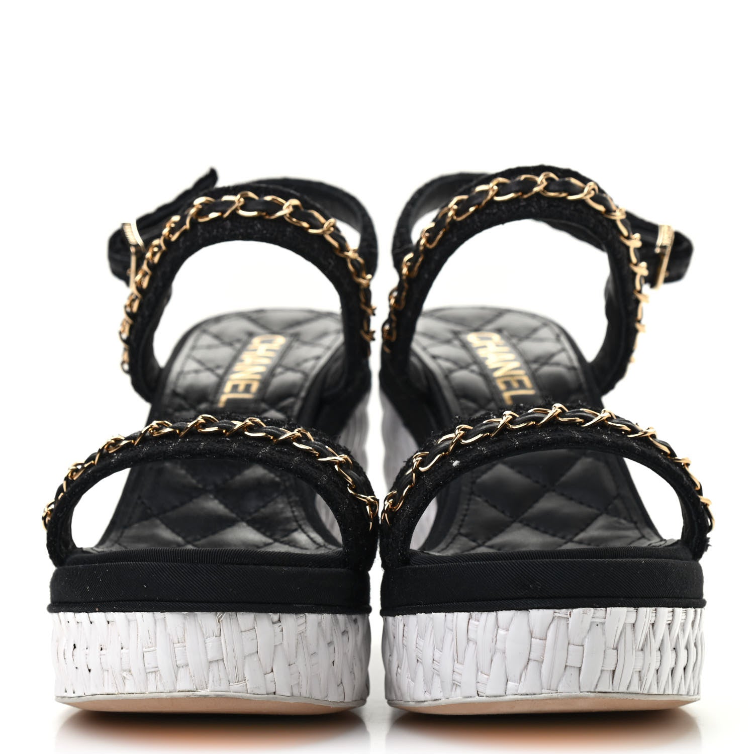 Chanel Tweed Chain Platform Sandals 38.5 Black 2 of 8