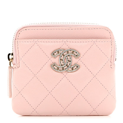 Chanel Caviar Quilted Crystal Zip Card Holder Wallet Light Pink 1 of 9