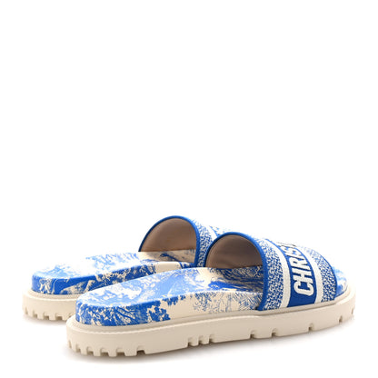 Christian Dior Canvas Fluo Toile de Jouy Embroidered Dway 10mm Slide Sandals 37.5 White Blue 5 of 10