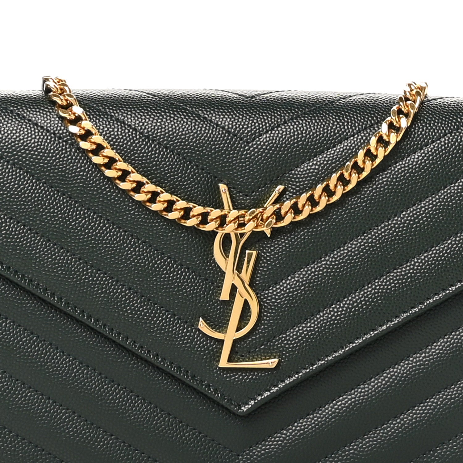 Saint Laurent Grain De Poudre Matelasse Chevron Monogram Chain Wallet Vert Fonce 8 of 11