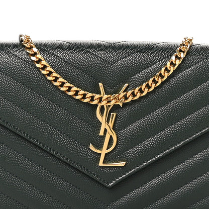 Saint Laurent Grain De Poudre Matelasse Chevron Monogram Chain Wallet Vert Fonce 8 of 11