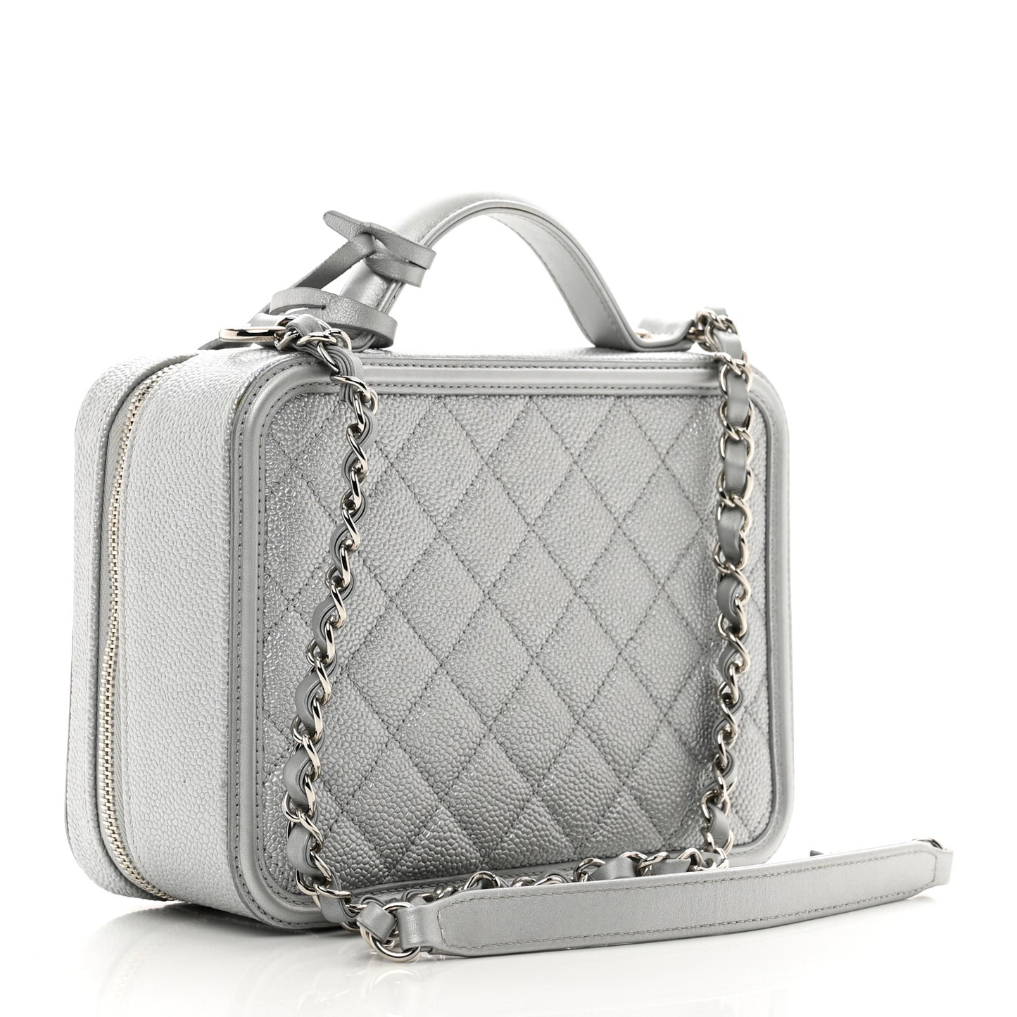 Metallic Caviar Quilted Medium CC Filigree Vanity Case Silver