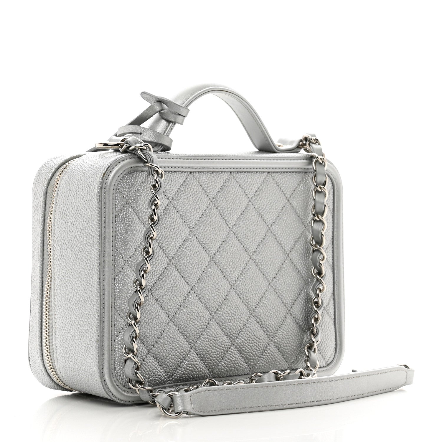 Chanel Metallic Caviar Quilted Medium CC Filigree Vanity Case Silver 3 of 12