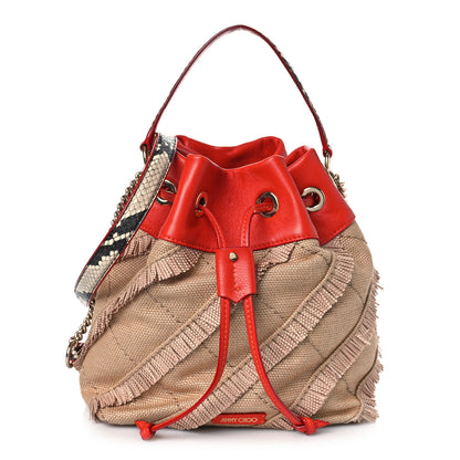 Jimmy Choo Raffia Snakeskin Print Fringed Bucket Bag Orange 1 of 10