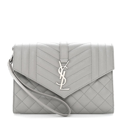 Saint Laurent Grain De Poudre Textured Mixed Matelasse Triquilt Monogram Clutch Storm 1 of 8