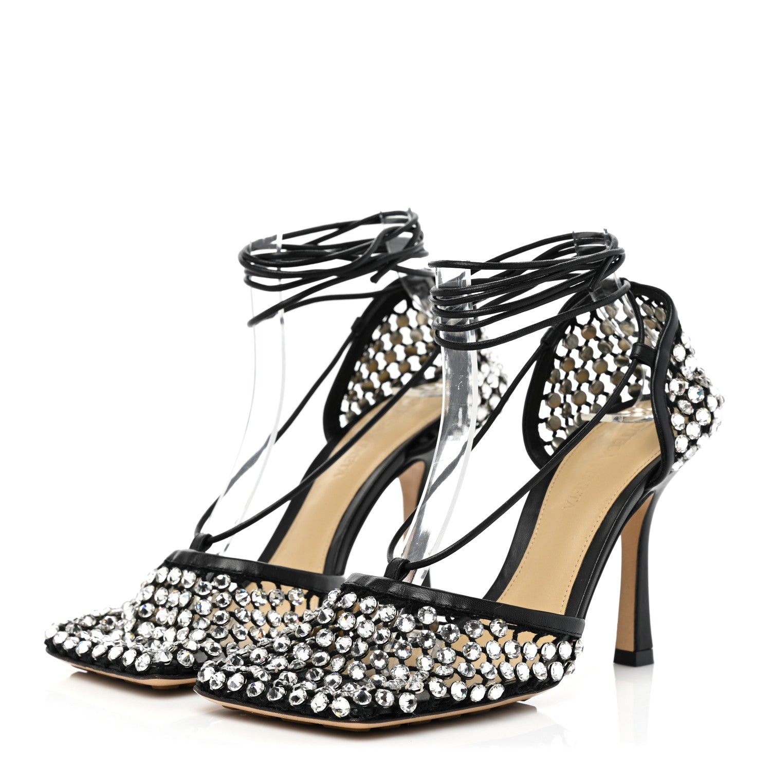 Bottega Veneta Mesh Nappa Crystal Embellished Sparkle Stretch Ankle Tie Sandals 36.5 Black 3 of 8