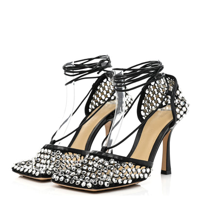 Bottega Veneta Mesh Nappa Crystal Embellished Sparkle Stretch Ankle Tie Sandals 36.5 Black 3 of 8
