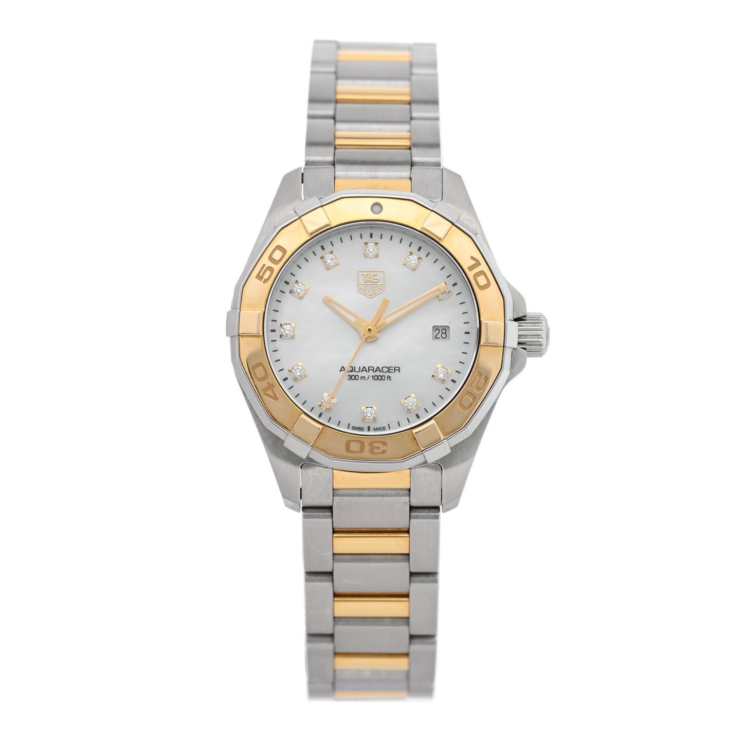 Stainless Steel 18K Yellow Gold Diamond Mother of Pearl 27mm Aquaracer Lady Quartz Watch WAY1451