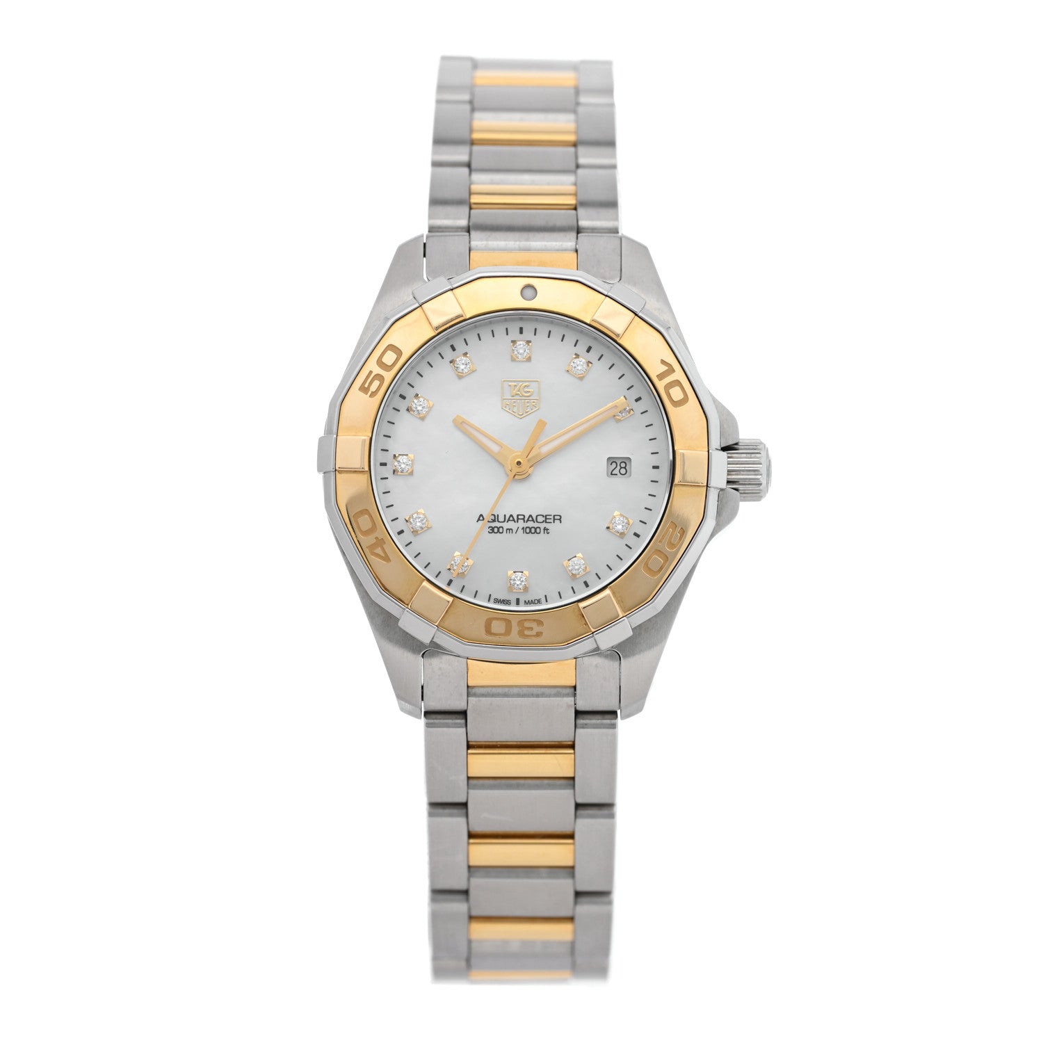 Tag Heuer Stainless Steel 18K Yellow Gold Diamond Mother of Pearl 27mm Aquaracer Lady Quartz Watch WAY1451 1 of 4