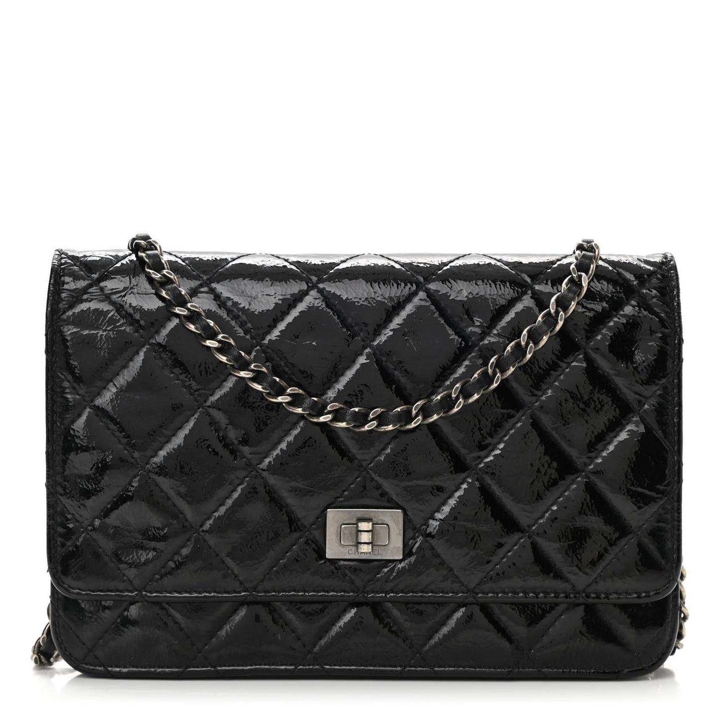 Distressed Patent Calfskin Quilted Reissue Wallet On Chain WOC Black