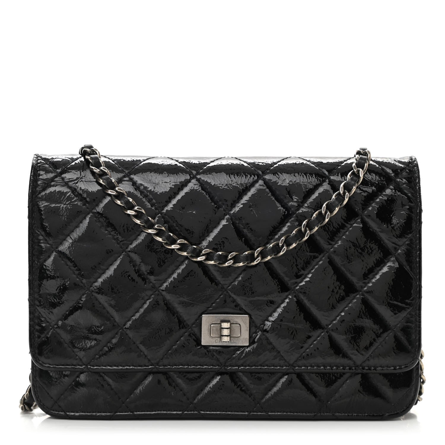 Chanel Distressed Patent Calfskin Quilted Reissue Wallet On Chain WOC Black 2 of 11