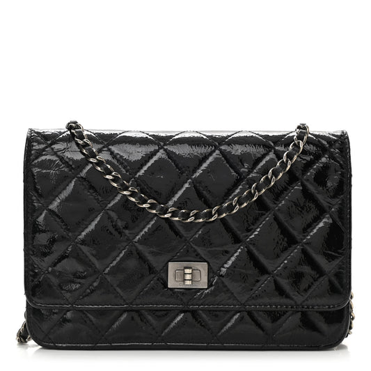 Distressed Patent Calfskin Quilted Reissue Wallet On Chain WOC Black