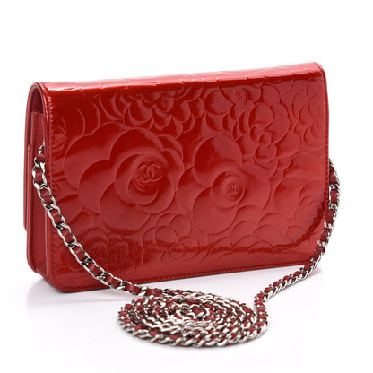 Chanel Patent Camellia Embossed Wallet On Chain WOC Dark Red 3 of 11