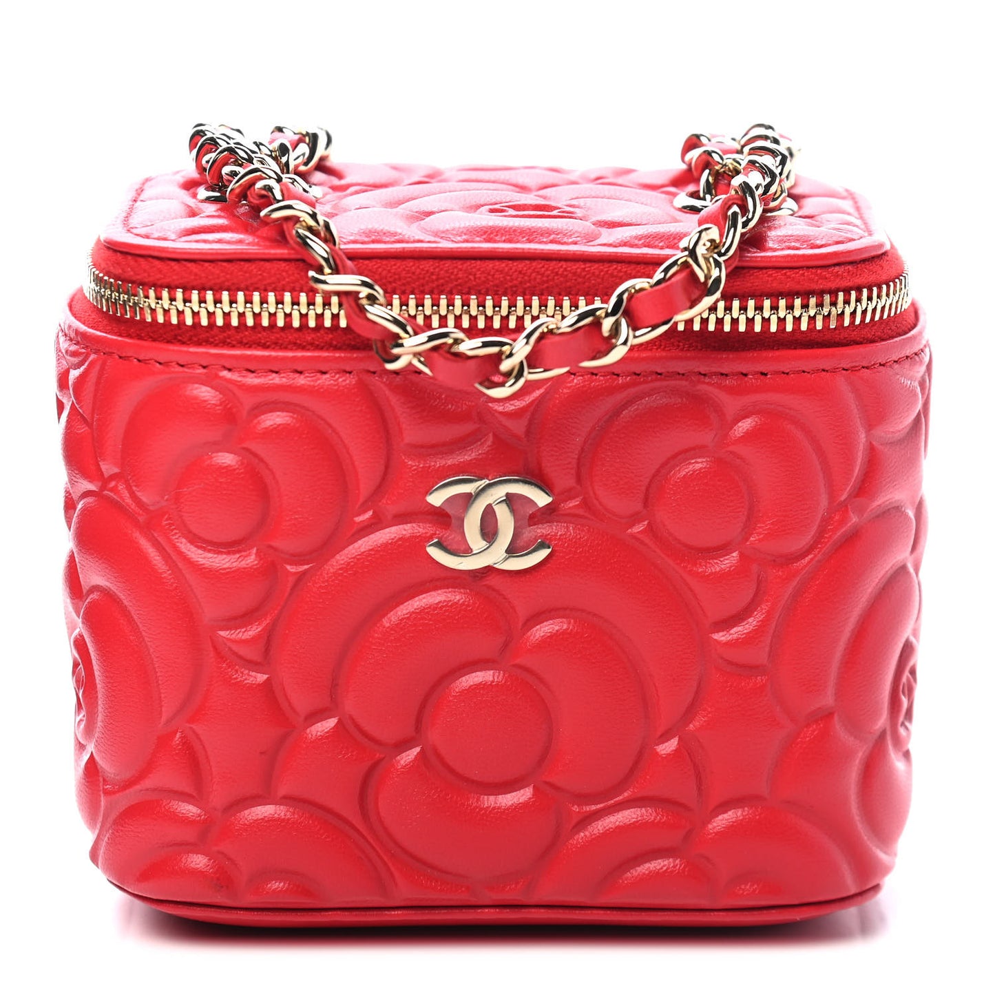 Lambskin Camellia Embossed Mini Vanity Case With Chain Red