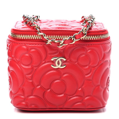 Chanel Lambskin Camellia Embossed Mini Vanity Case With Chain Red 1 of 8
