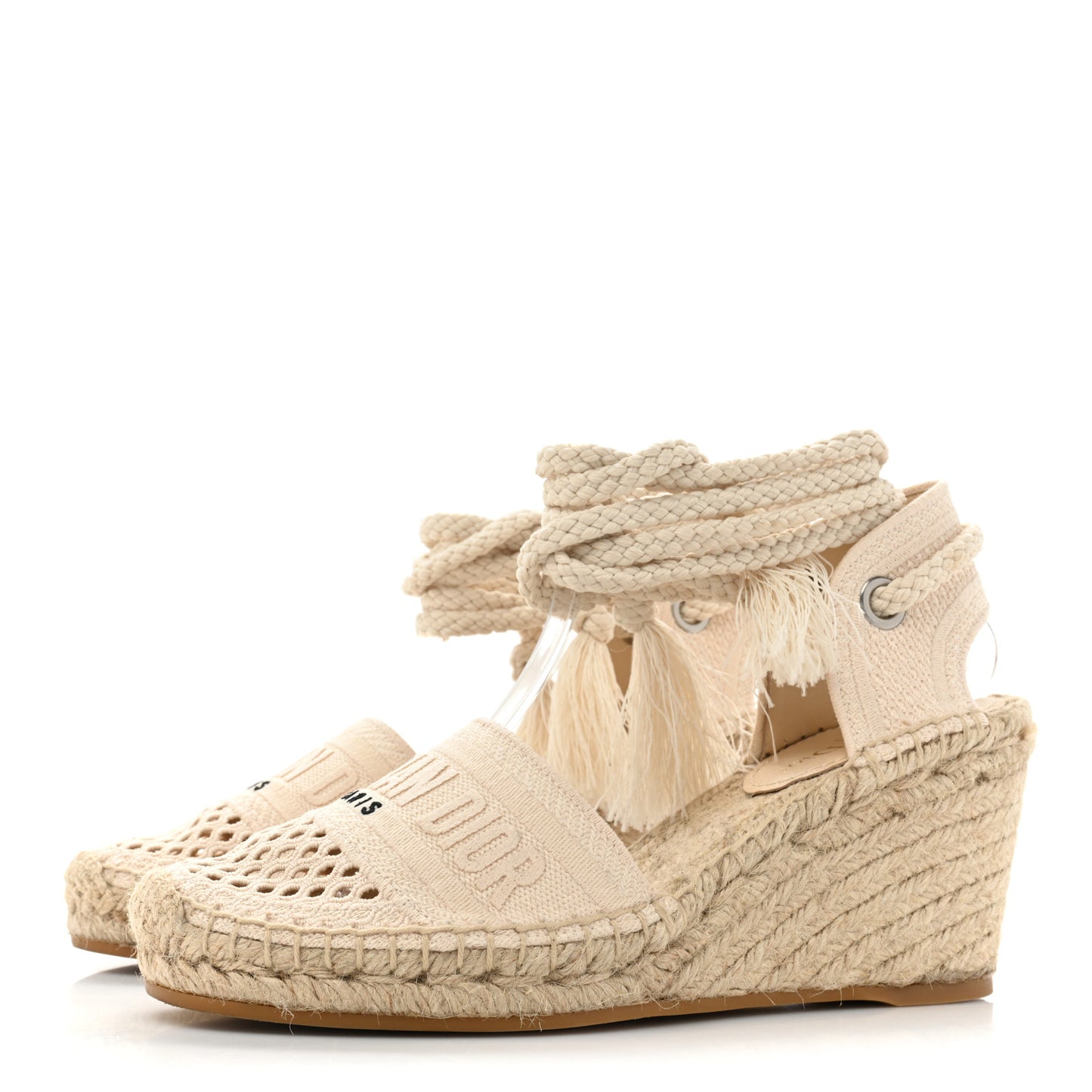Canvas Embroidered Granville Ankle Tie Espadrille Wedges 38 Cream