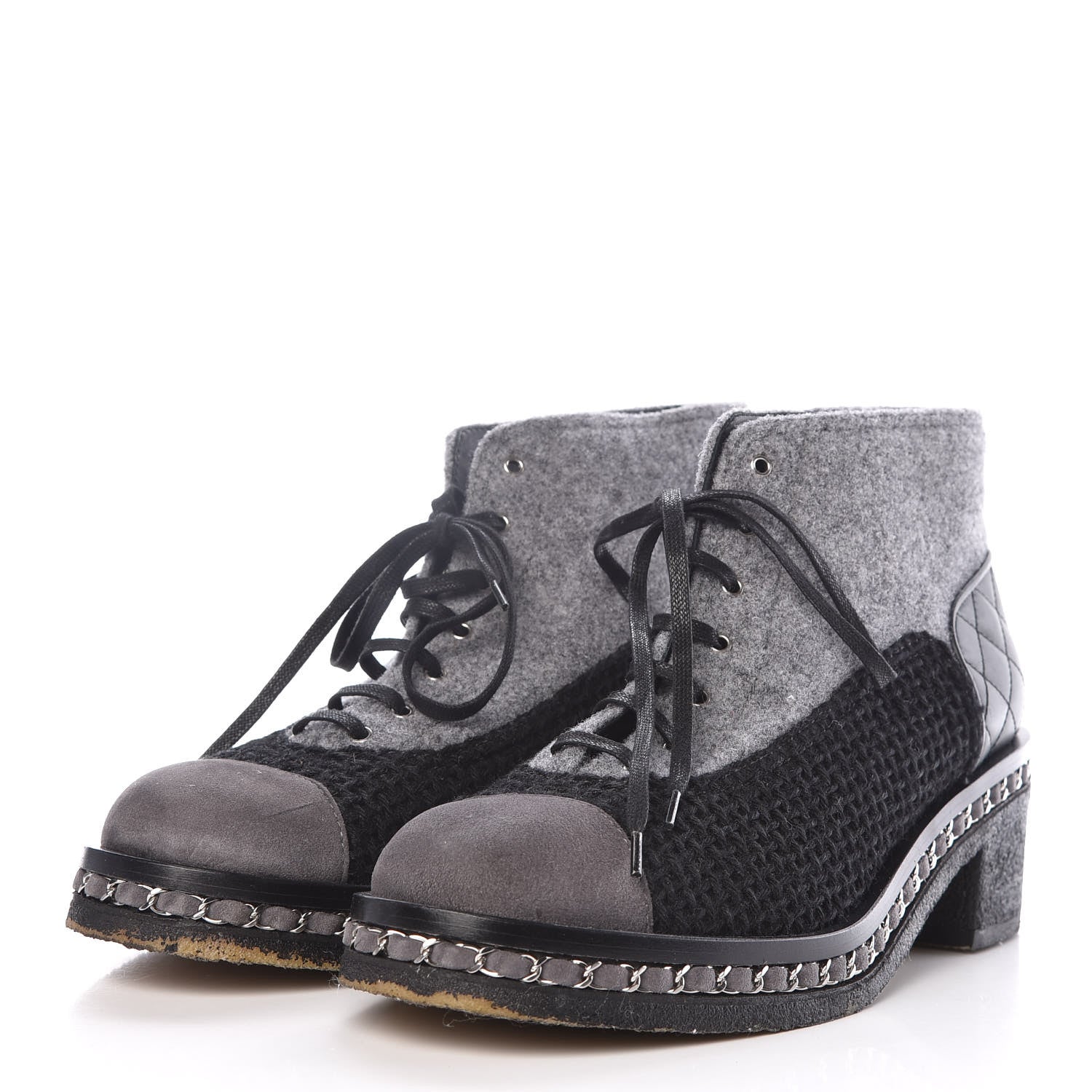 Chanel Wool Calfskin Tweed Lace Up Boots 42 Grey Black 3 of 15