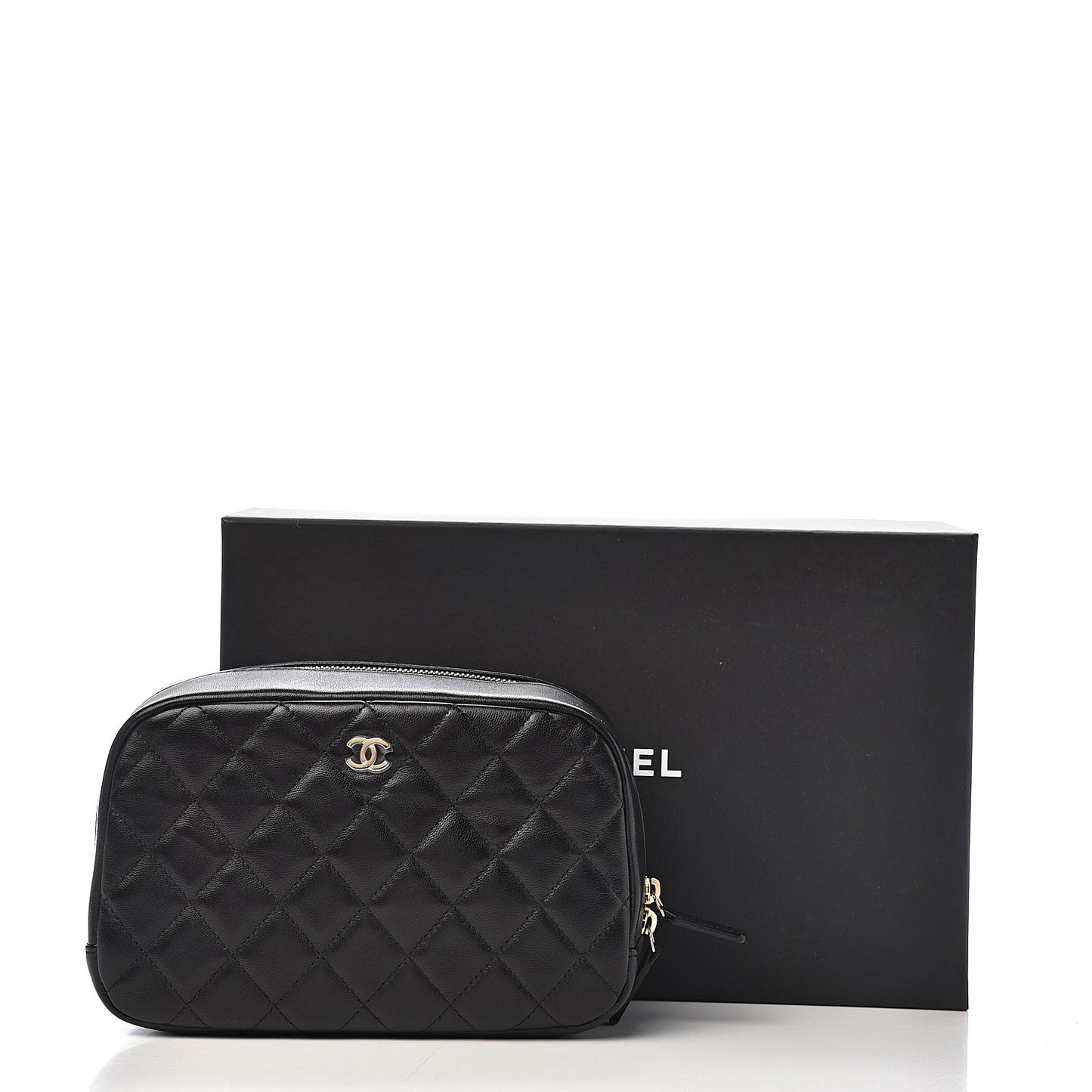 Lambskin Quilted Medium Curvy Pouch Cosmetic Case Black