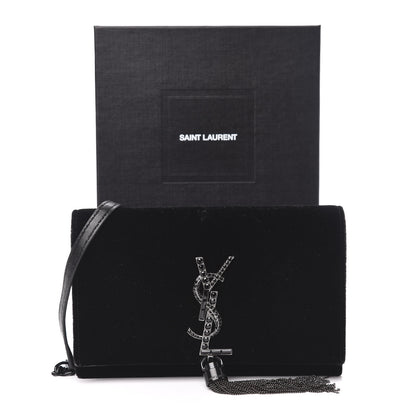 Saint Laurent Velvet Crystal Monogram Kate Tassel Shoulder Bag Black 12 of 12