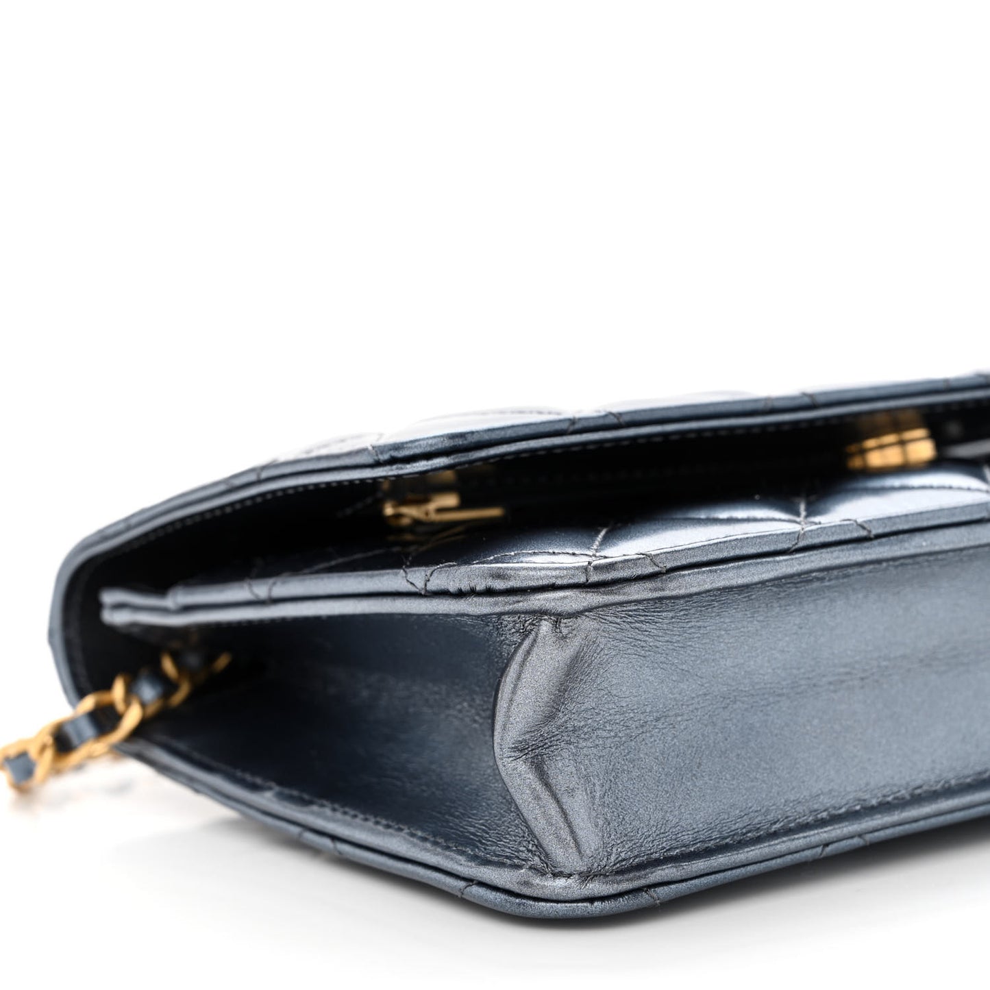 Metallic Lambskin Wallet On Chain WOC Dark Blue