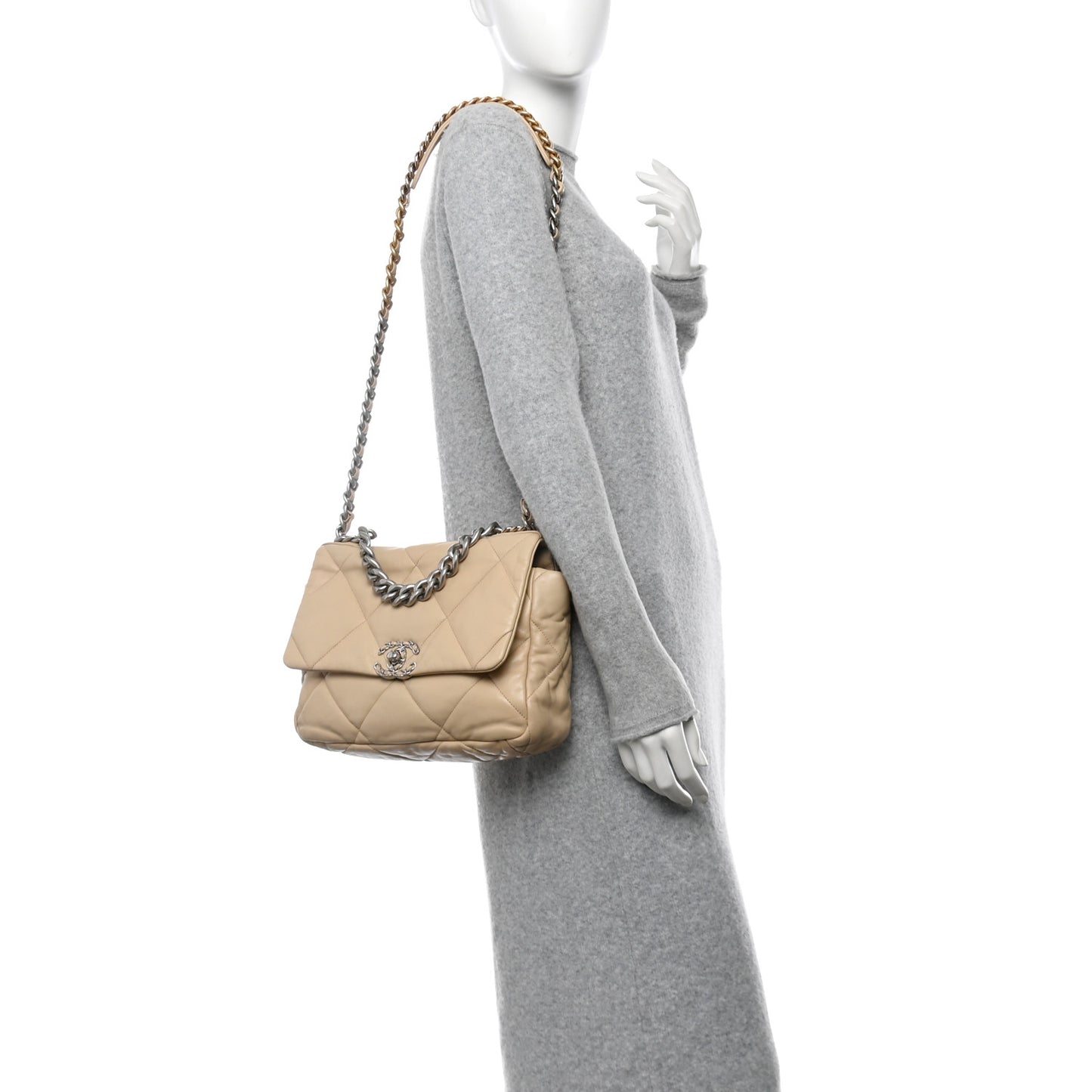 Goatskin Quilted Large Chanel 19 Flap Light Beige