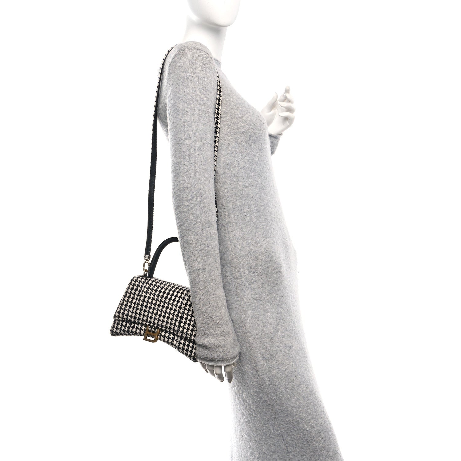 Balenciaga Wool Houndstooth Small Hourglass Top Handle Bag Black White 2 of 9