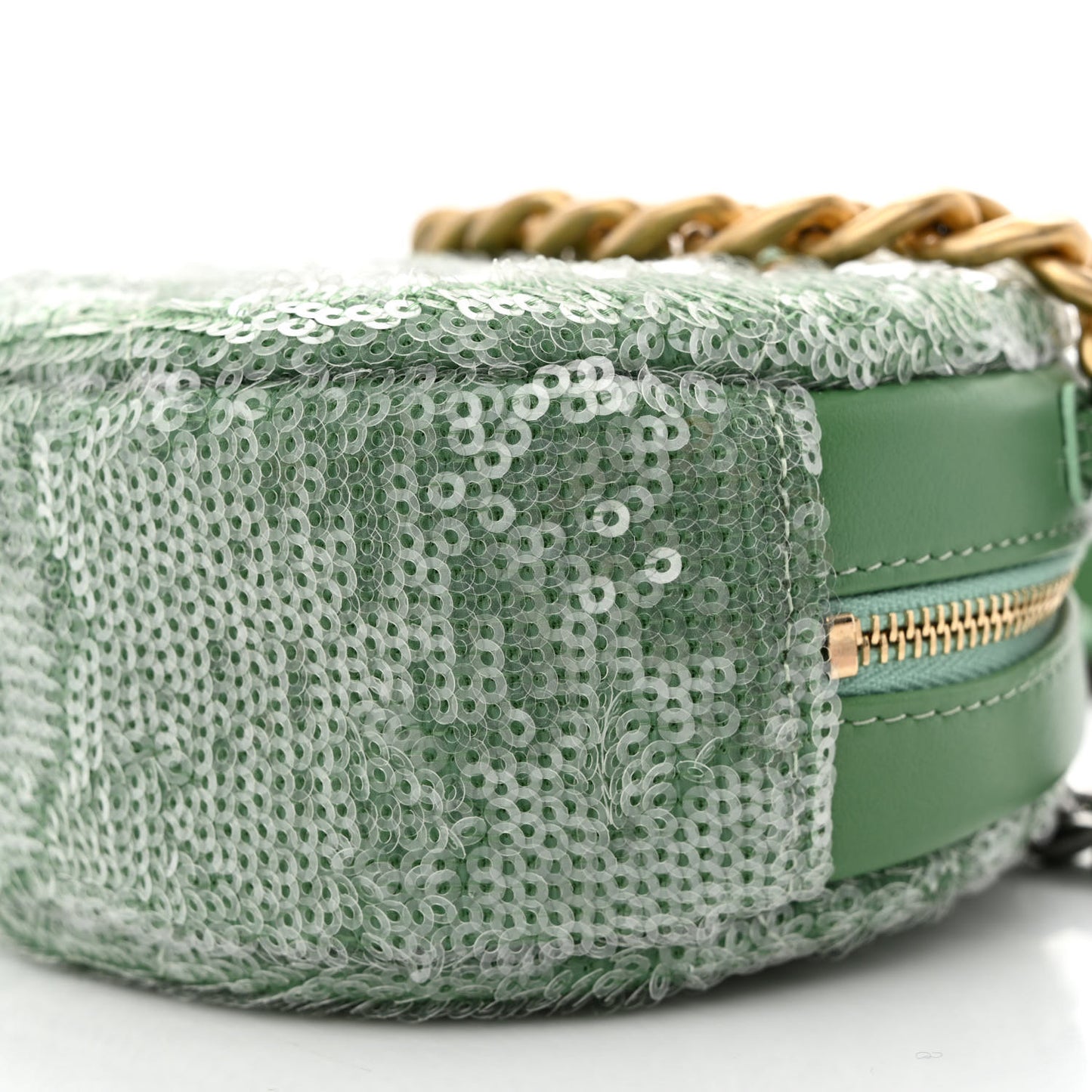 Sequin Chanel 19 Round Clutch With Chain Green Green