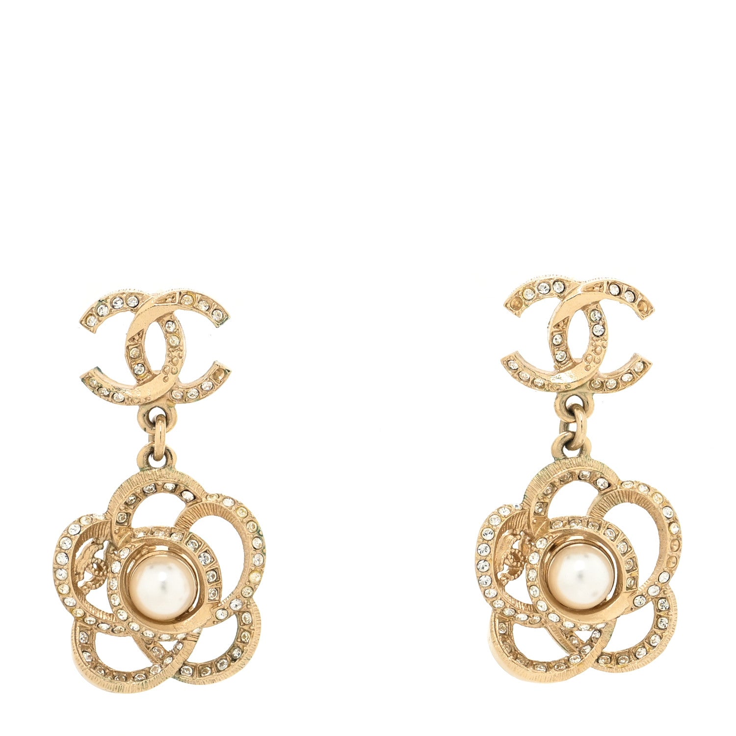 Chanel Crystal Pearl Camellia CC Drop Earrings Gold 1 of 5