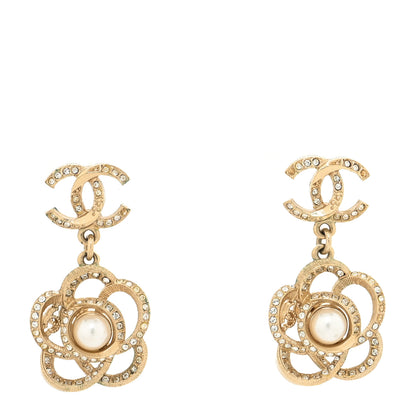 Chanel Crystal Pearl Camellia CC Drop Earrings Gold 1 of 5