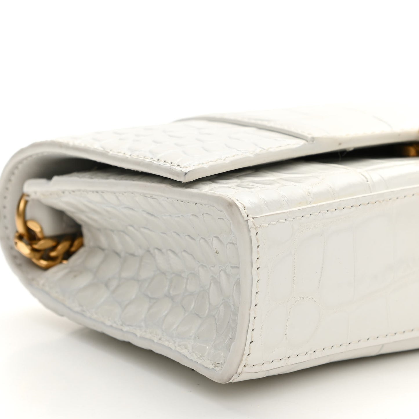 Shiny Calfskin Crocodile Embossed Hourglass Chain Bag White