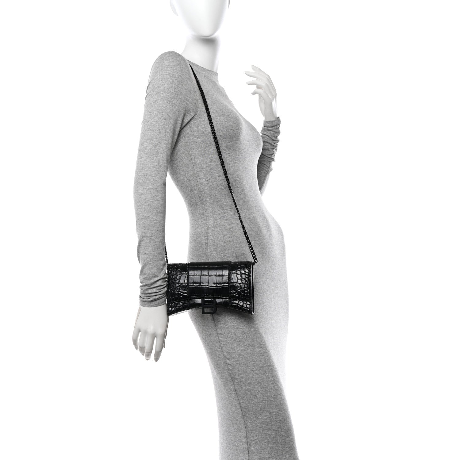 Balenciaga Shiny Calfskin Monochrome Crocodile Embossed Hourglass Chain Bag Black 2 of 9