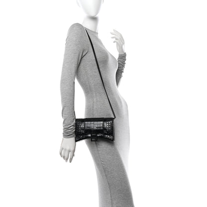 Balenciaga Shiny Calfskin Monochrome Crocodile Embossed Hourglass Chain Bag Black 2 of 9