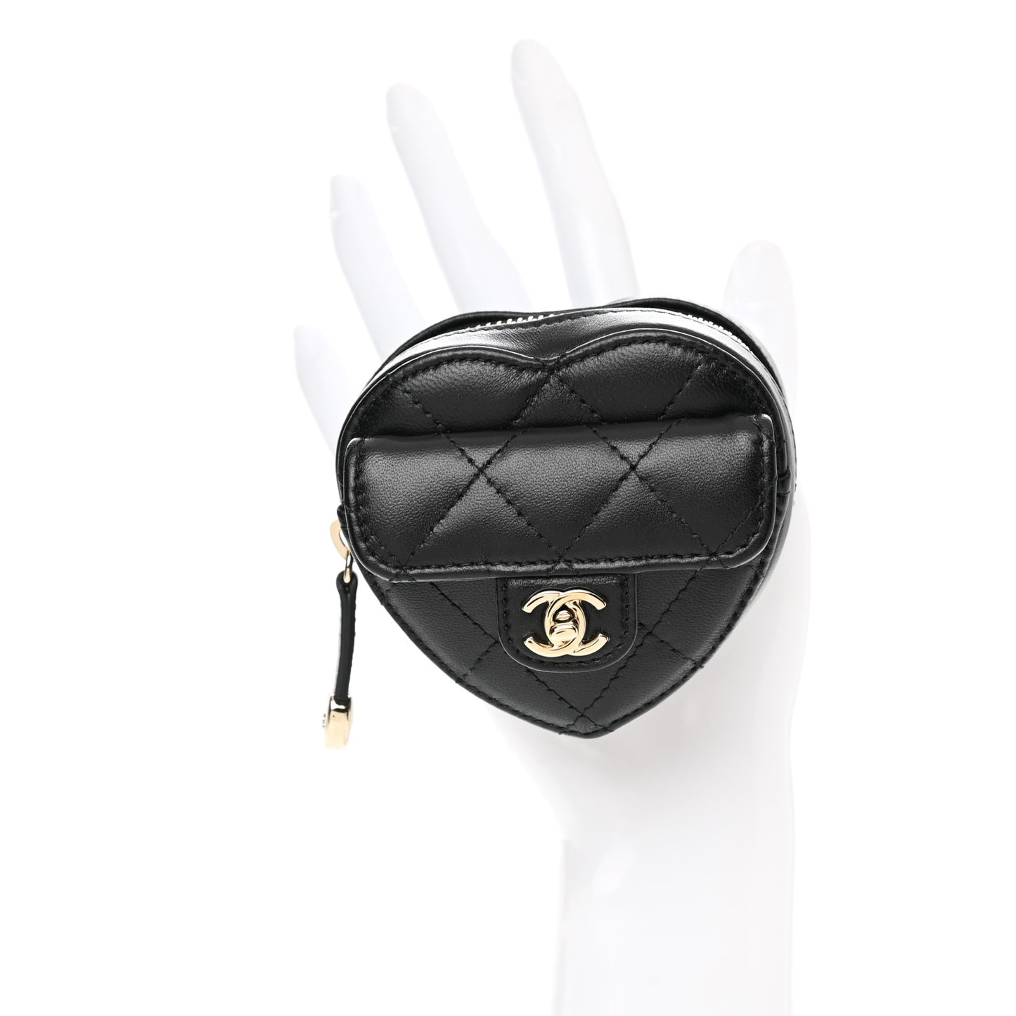 Lambskin Quilted CC In Love Heart Zipped Arm Coin Purse Black