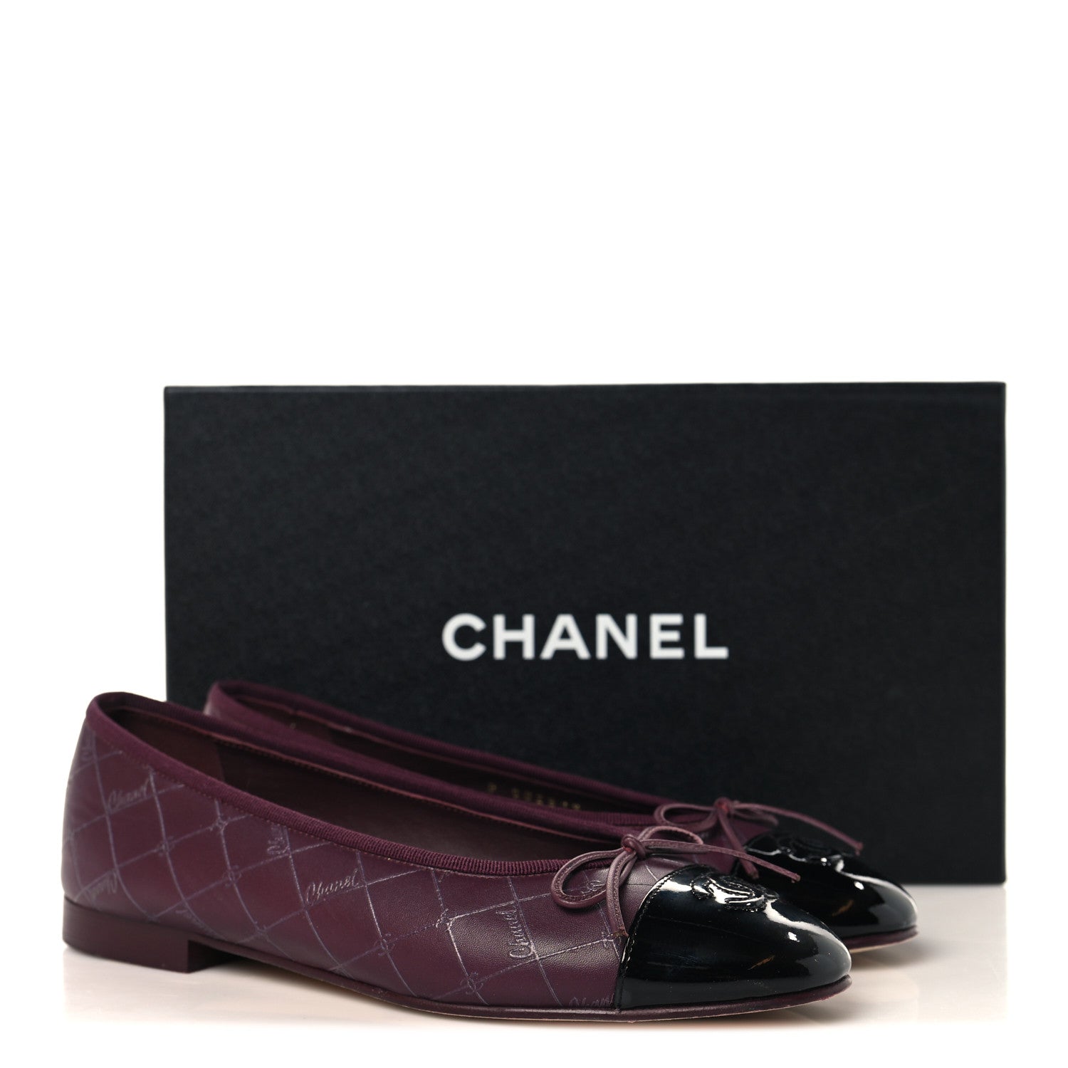 Chanel Printed Lambskin Patent CC Cap Toe Ballerina Flats 38 Burgundy Black 10 of 10