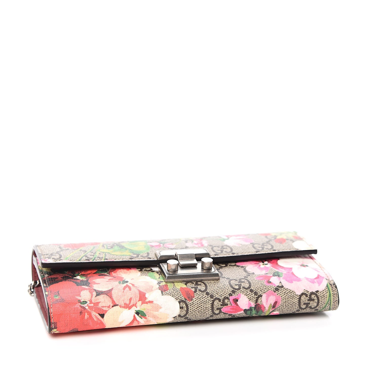 GG Supreme Monogram Blooms Padlock Continental Chain Wallet Beige Multicolor Dry Rose