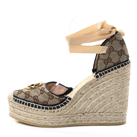 Monogram Matelasse GG Marmont Ankle Wrap Platform 35/120mm Espadrille Wedges 39.5 Beige Ebony Black Sand Storm
