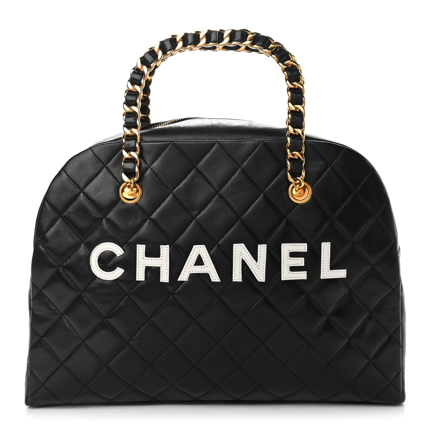 Lambskin Quilted Logo Bowling Bag Black