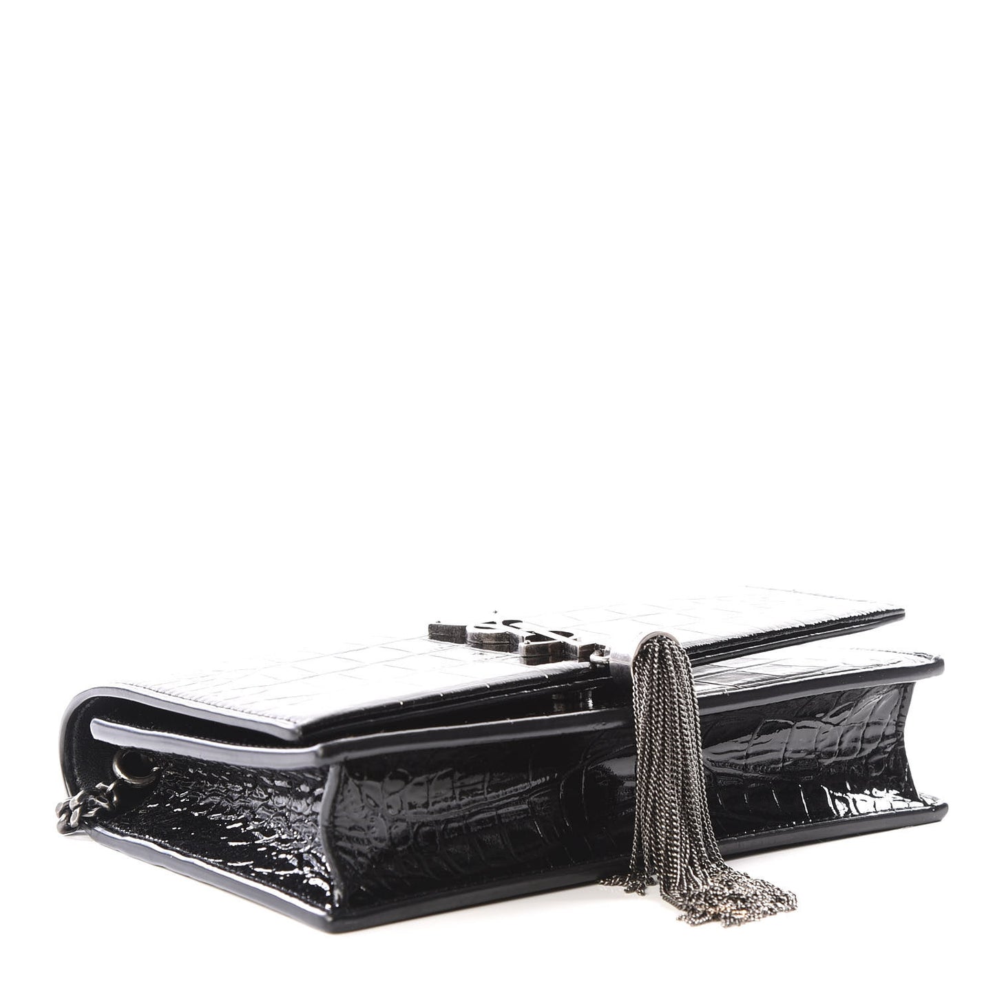 Calfskin Crocodile Embossed Kate Monogram Tassel Chain Wallet Black